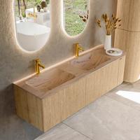 Badmeubel Mondiaz Kurve-Dlux | 155 cm | Meubelkleur Oak | Wastafelkleur Arena | Solid surface | Dubbel / Links spoelbak | 2 kraangaten