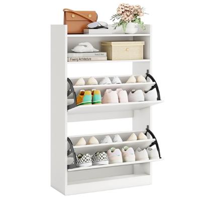 Schoenenkast met 2 Klapvakken Slank Verborgen Houten Schoenenrek Wit/Rustieke Houtlook Wit