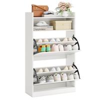 Schoenenkast met 2 Klapvakken Slank Verborgen Houten Schoenenrek Wit/Rustieke Houtlook Wit