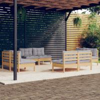 8-delige Loungeset met grijze kussens grenenhout