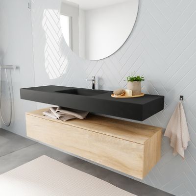 Mondiaz Alan badmeubel 150 cm washed oak 1 lade vrijhangend wastafel midden 1 kraangat zwart