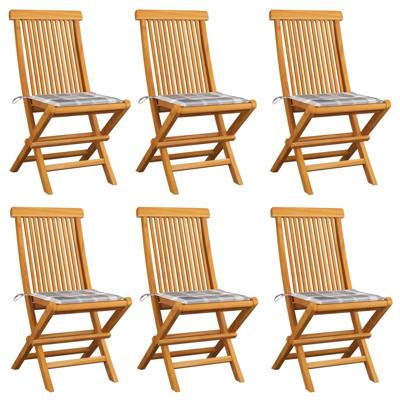 Tuinstoelen 6 st met grijs geruite kussens massief teakhout