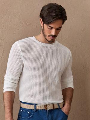 Bon & Bon Men's Black Long Sleeve Round Neck Tee - Casual Knitted T-Shirt White / L
