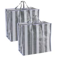 Dekentas/wastas met rits - 3x - gestreept - grijs - 28 x 48 x 50 cm - speelgoed opbergtas - maat S