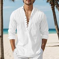 Voor heren Overhemd Popover-shirt Zomer overhemd Strand Kleding Normaal shirt Overhemd met bandkraag Zwart Wit Licht Blauw Lange mouw Effen Band Kraag Dagelijks Vakantie Lapwerk Kleding Katoenmix Lightinthebox - thumbnail