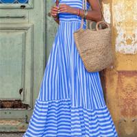 Women's Red Striped Boho Maxi Dress | Shirred Cami Beach Outfit Blue and White / XL