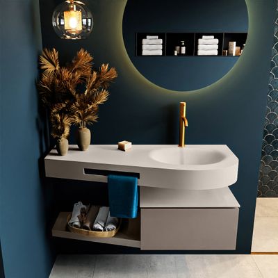 MONDIAZ RIVA 120cm badmeubel onderkast / planchet kleur Smoke met 1 lade. Wastafel DULCET rechts 1 kraangat kleur Linen. MONDIAZ RIVA 120cm badmeubel onderkast / planchet kleur Smoke met 1 lade. Wastafel DULCET rechts 1 kraangat kleur Linen.