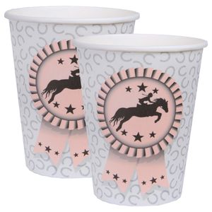 Feest wegwerp bekertjes - paarden - 20x stuks - 270 ml - lichtgrijs/roze - karton