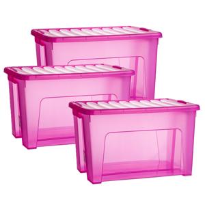 Opslagbox met deksel - 3x - transparant roze - 47 liter - 54 x 38 x 32 cm - kunststof