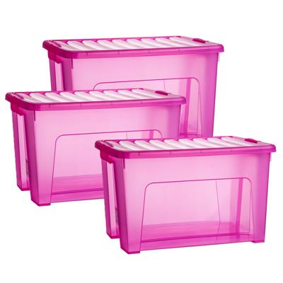Opslagbox met deksel - 3x - transparant roze - 47 liter - 54 x 38 x 32 cm - kunststof