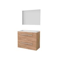 Basic-Line Basic 39 Badkamermeubelset - Ondiep - 80 x 39 cm - Met Grepen - 2 Lades - Acryl Wastafel - Zonder Kraangat - Spiegel - Whisky Oak