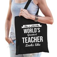 Worlds greatest TEACHER kado tasje voor verjaardag juf zwart voor dames - Feest Boodschappentassen - thumbnail