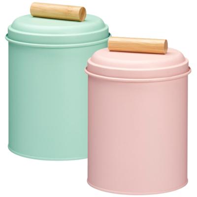 Voorraadpotten set - 2x - koekjes bewaarblik - 14 x 20 cm - metaal - roze / groen Voorraadpotten set - 2x - koekjes bewaarblik - 14 x 20 cm - metaal - roze / groen