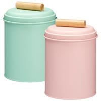 Voorraadpotten set - 2x - koekjes bewaarblik - 14 x 20 cm - metaal - roze / groen