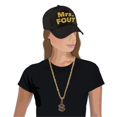 Mrs. FOUT baseballcap zwart/goud dames en een gouden dollarketting