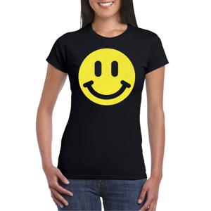 Verkleed T-shirt voor dames - smiley - zwart - carnaval/foute party - feestkleding