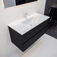 Mondiaz Vica Denia badmeubel zwart mat 100 cm 2 lades keramiek enkele spoelbak midden 1 kraangat