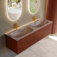 Badmeubel Mondiaz Kurve-Dlux | 150 cm | Meubelkleur Ruby | Wastafelkleur Oza | Solid surface | Wasbak beide zijden spoelbak | 2 kraangaten