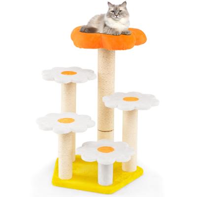Schattige Bloemen Krabpaal Voor Binnenkatten Kattenboom met Knuffel-pluche Bovenkant Sisal Krabpaal Geel