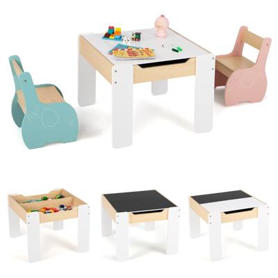 Houten 3-delige Kindertafel- en Stoelenset Kindermeubelset Met Opbergruimte Blauw+Roze