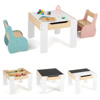 Houten 3-delige Kindertafel- en Stoelenset Kindermeubelset Met Opbergruimte Blauw+Roze
