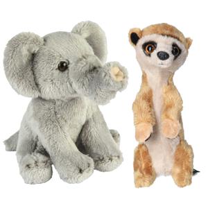 Safari dieren serie pluche knuffels 2x stuks - Olifant en Stokstaartje van 15 cm