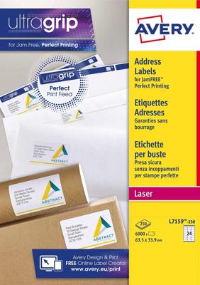 Avery L7159, Adresetiketten, Laser, Ultragrip, wit, 250 vellen, 24 per vel, 63,5 x 33,9 mm
