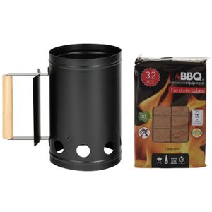 BBQ/Barbecue briketten starter met houten handvat zwart 27 cm met 32x BBQ aanmaakblokjes