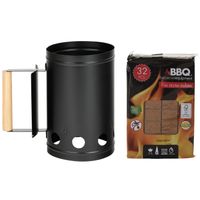 BBQ/Barbecue briketten starter met houten handvat zwart 27 cm met 32x BBQ aanmaakblokjes - thumbnail