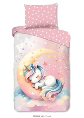 Good Morning Kinderdekbedovertrek "eenhoorn slapend op een maan" - Roze - (140x200 cm) - Katoen
