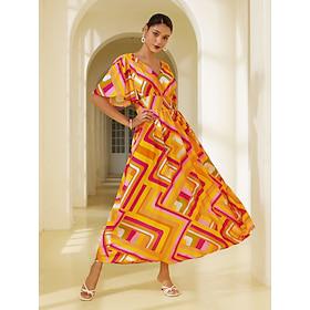 Dames Chiffon jurk Maxi-jurk Oranje Korte mouw Geometrisch Opdrukken Lente zomer V-hals Patroon jurk S M L