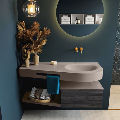 MONDIAZ RIVA 120cm badmeubel onderkast / planchet kleur Antracite met 1 lade. Wastafel DULCET rechts 0 kraangaten kleur Smoke.