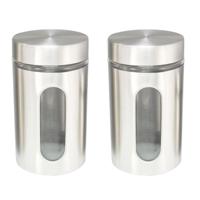 Voorraadpot - Set van 2x stuks - 1,7 liter - glas met RVS - bewaarpot - 10 x 17 cm