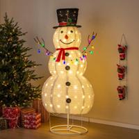 180 cm Led-Sneeuwpop Verlicht Kerstfiguur met 180 Warmwitte Ledlampen en 20 Lichtkettingen Kerstdecoratie met Zwarte Hoed en Sjaal