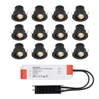 Set van 12 Medina LED Mini Inbouwspots met Trafo - 12 Volt 3 Watt 150 lumen - Kantelbaar - Verzonken - Plat 35mm - 2700K - IP44 waterdicht - Zwart