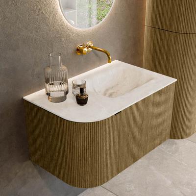 Badmeubel Mondiaz Kurve-Dlux | 75 cm cm | Meubelkleur Dusk | Wastafelkleur Frappe | Solid surface | Wasbak rechter zijde spoelbak | Zonder kraangat(en)