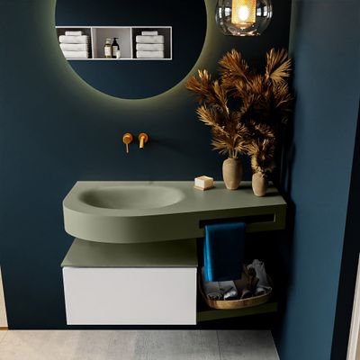 MONDIAZ RIVA 100cm badmeubel onderkast / planchet kleur Talc met 1 lade. Wastafel DULCET links 0 kraangaten kleur Army. MONDIAZ RIVA 100cm badmeubel onderkast / planchet kleur Talc met 1 lade. Wastafel DULCET links 0 kraangaten kleur Army.