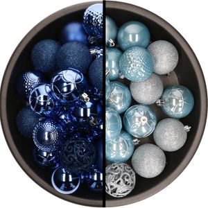 Kunststof kerstballen 74x stuks kobalt blauw en lichtblauw 6 cm