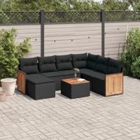 8-delige Loungeset met kussens poly rattan zwart