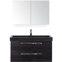 Seville Badmeubelset 100 cm - Black Oak - Wastafel Hardsteen Wit Lucca met Spiegelkast