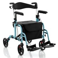 Opvouwbare Lichtgewicht Rollator met Zitje 2-in-1 Rolstoel en Reisrollator 6-traps Hoogteverstelling Blauw