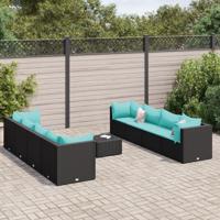 9-delige Loungeset met kussens poly rattan zwart