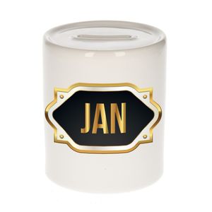 Naam cadeau spaarpot Jan met gouden embleem