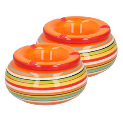 Storm Asbak - 2x stuks - in mooie oranje kleuren combinatie - D13 cm - Keramiek - Strepen