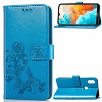 Lucky Clover ingedrukt bloemen patroon lederen draagtas voor Huawei Y6 2019 met houder & kaartsleuven & portemonnee & hand strap (blauw)