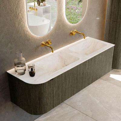 Badmeubel Mondiaz Kurve-Dlux | 145 cm cm | Meubelkleur Shadow | Wastafelkleur Frappe | Solid surface | Dubbel / Rechts spoelbak | Zonder kraangat(en)