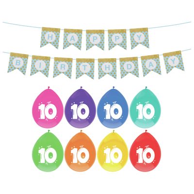 Verjaardag 10 jaar geworden versiering - 16x thema ballonnen - 1x Happy Birthday slinger 300 cm