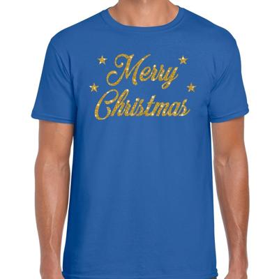 Foute Kersttrui t-shirt - Merry Christmas - blauw - met gouden glitter letters - heren