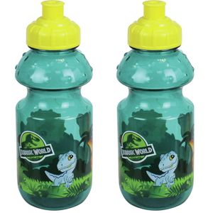 2x stuks kunststof bidon pop-up drinkbekers Jurassic World dinosaurus 350 ml