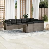 10-delige Loungeset met kussens poly rattan grijs